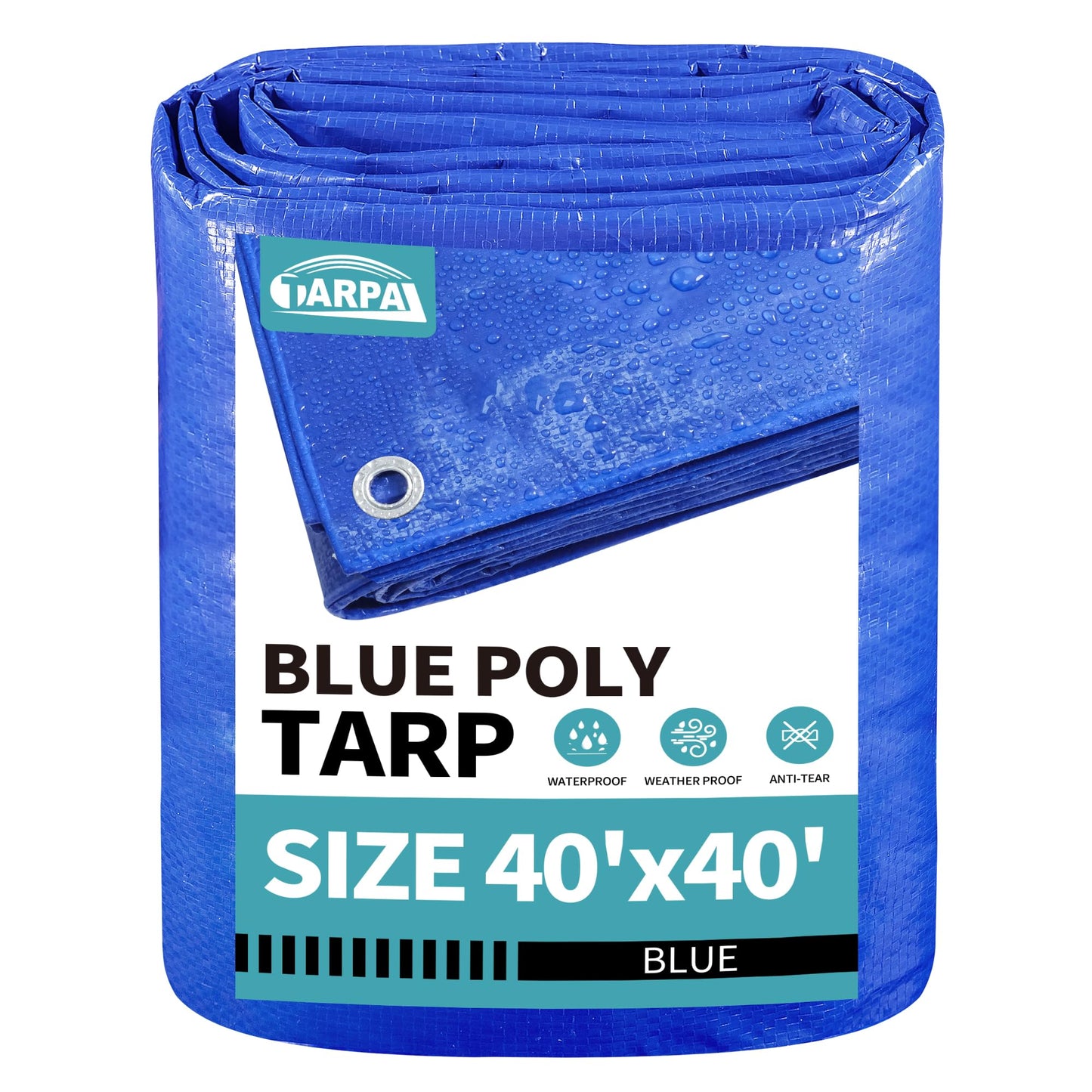 TARPAL 40x40 feet Blue tarp, 8mil Medium Duty tarps Waterproof, Tear Resistant with Metal Grommets, Suitable for Outdoor Tent Emergency rain Cover,Floor tarp,and Other uses.