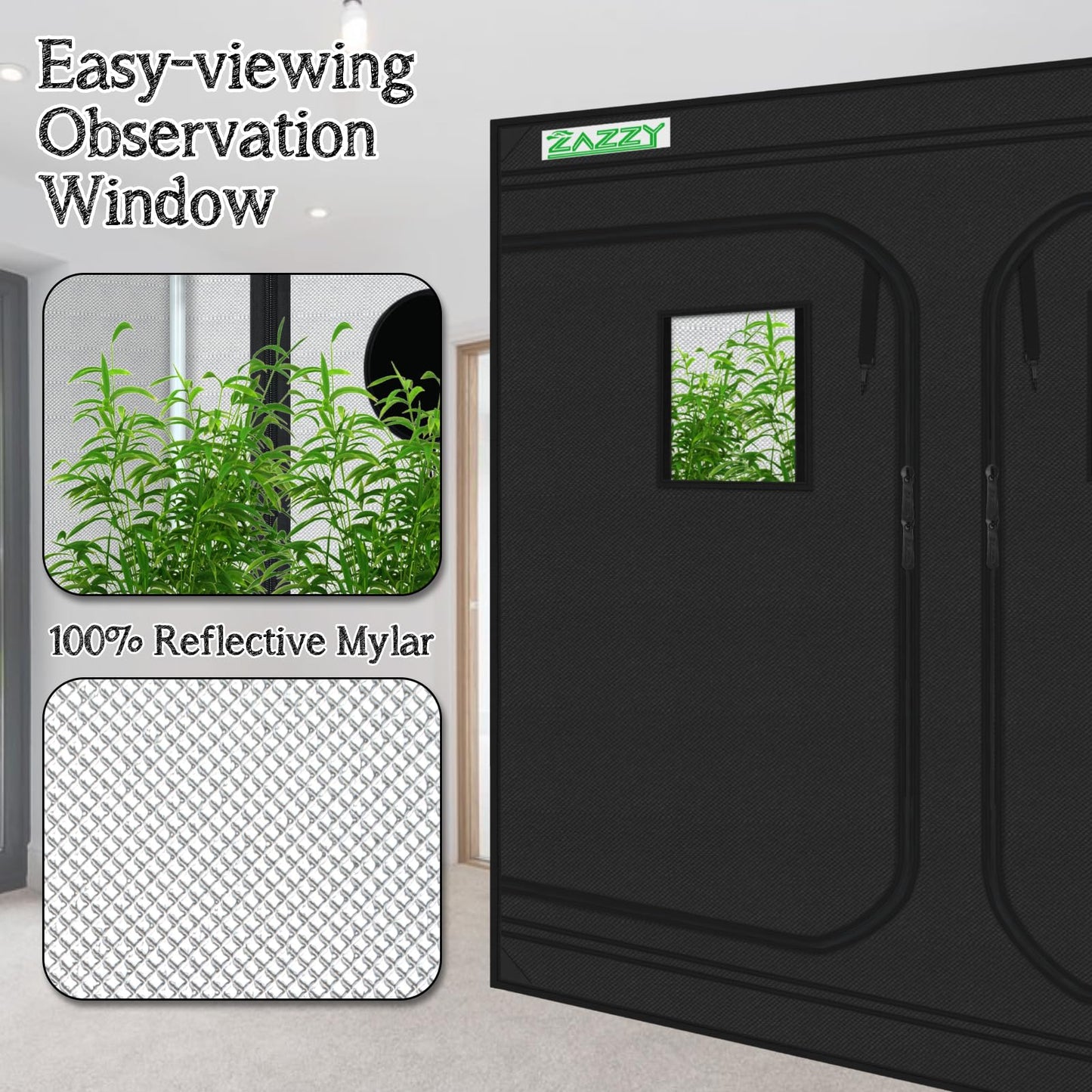 zazzy Grow Tent, 120"x60"x78" Hydroponic Mylar Grow Tent Reflective Garden Growing Dark Room with Observation Window, Removable Floor Tray and Tool Bag for Indoor Plant Growing 10x5