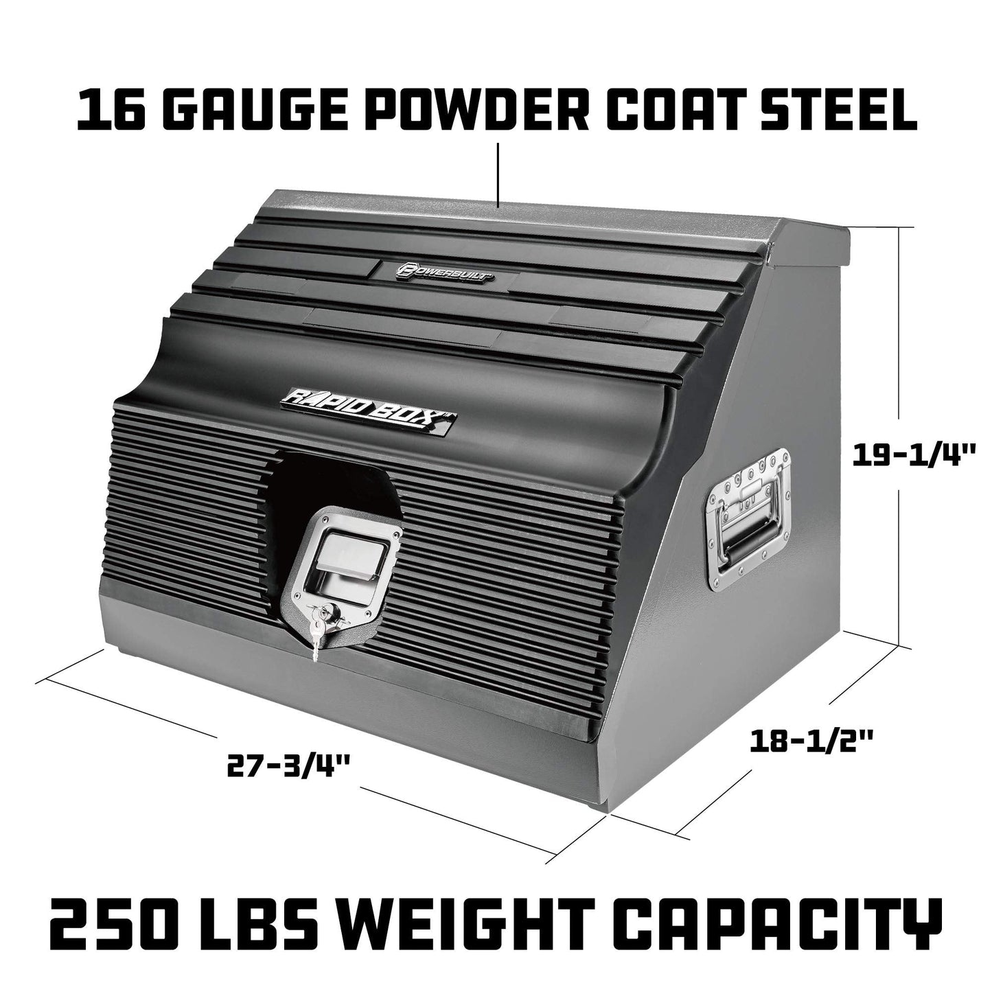 Powerbuilt 26 In. Portable Slant Front Power Tool Locker Toolbox with Power Drill Slots, Storage Compartments, 16 Ga. Steel, Chrome Hardware, Weather-Resistant Locking Polymer Lid, Gas Struts, 941805E
