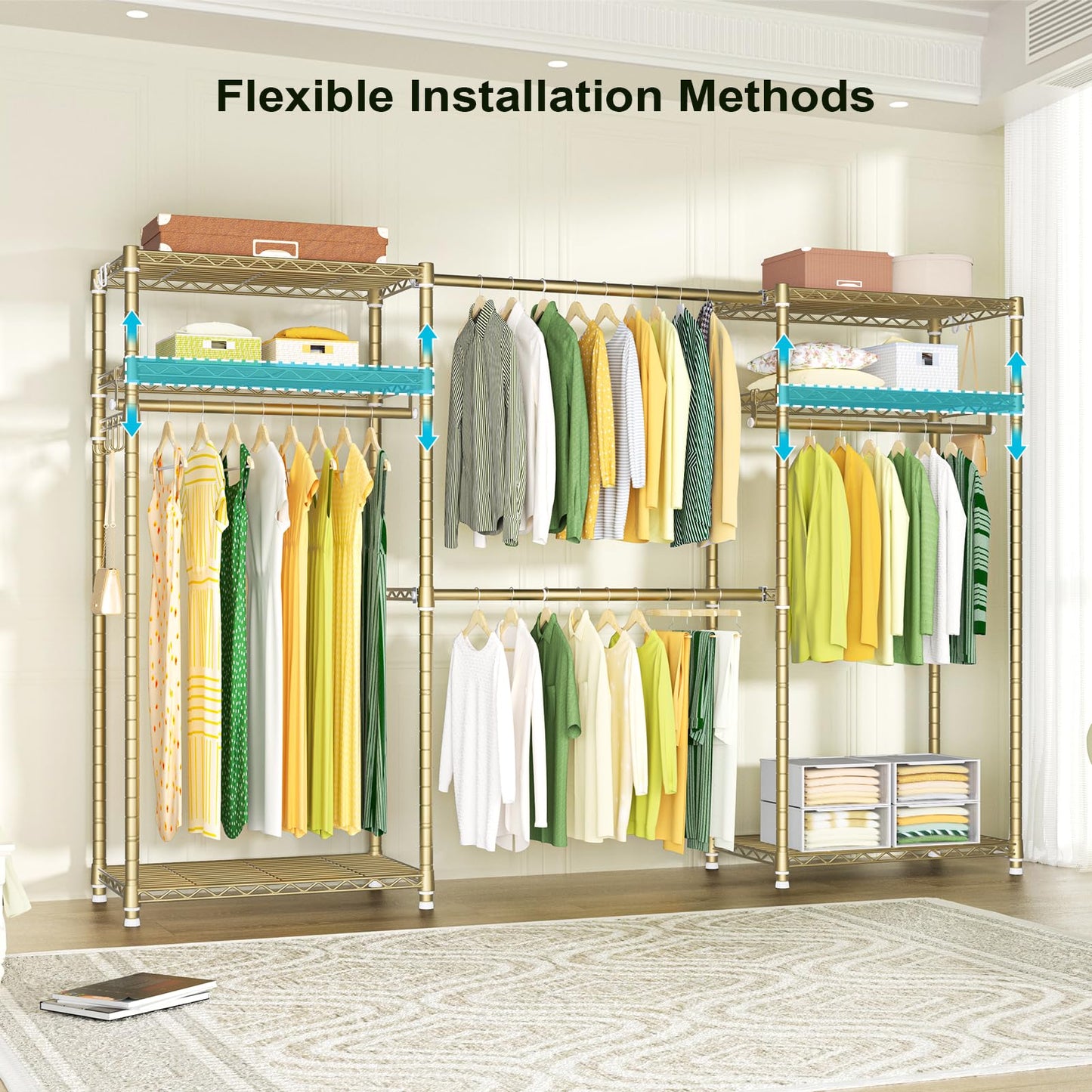 Ulif E1 Heavy Duty Closet Garment Rack, 6 Tiers Adjustable Metal Freestanding Expandable Clothing Storage with 4 Hanger Rods, Easy to Assemble Wardrobe, 71.4" H x (70" - 88.2") L x 14" D, Gold
