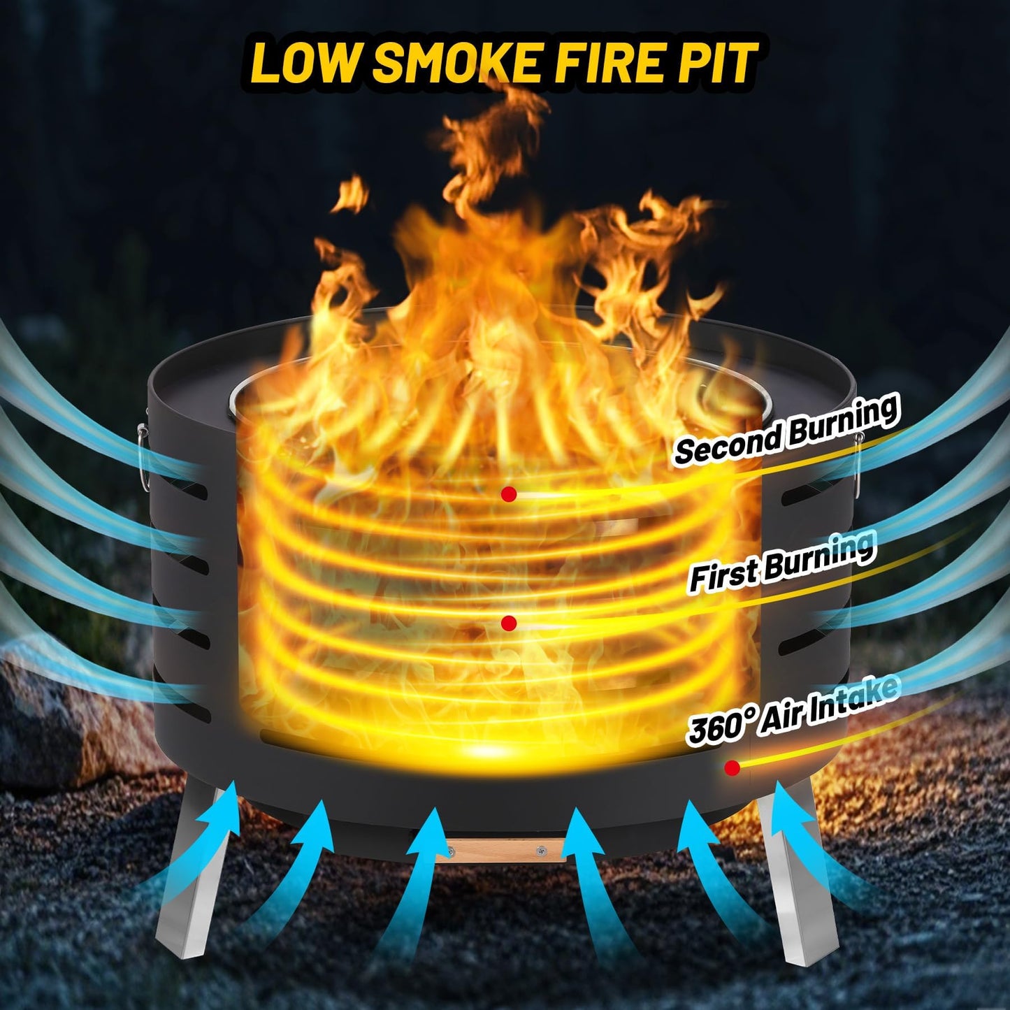 30 Inch Smokeless Outdoor Fire Pit, Outdoor Firepit Table with Removable Ash Pan,Bamboo Lid, Rainproof Cover,Portable Metal Firepit for Patio, Backyard, Camping