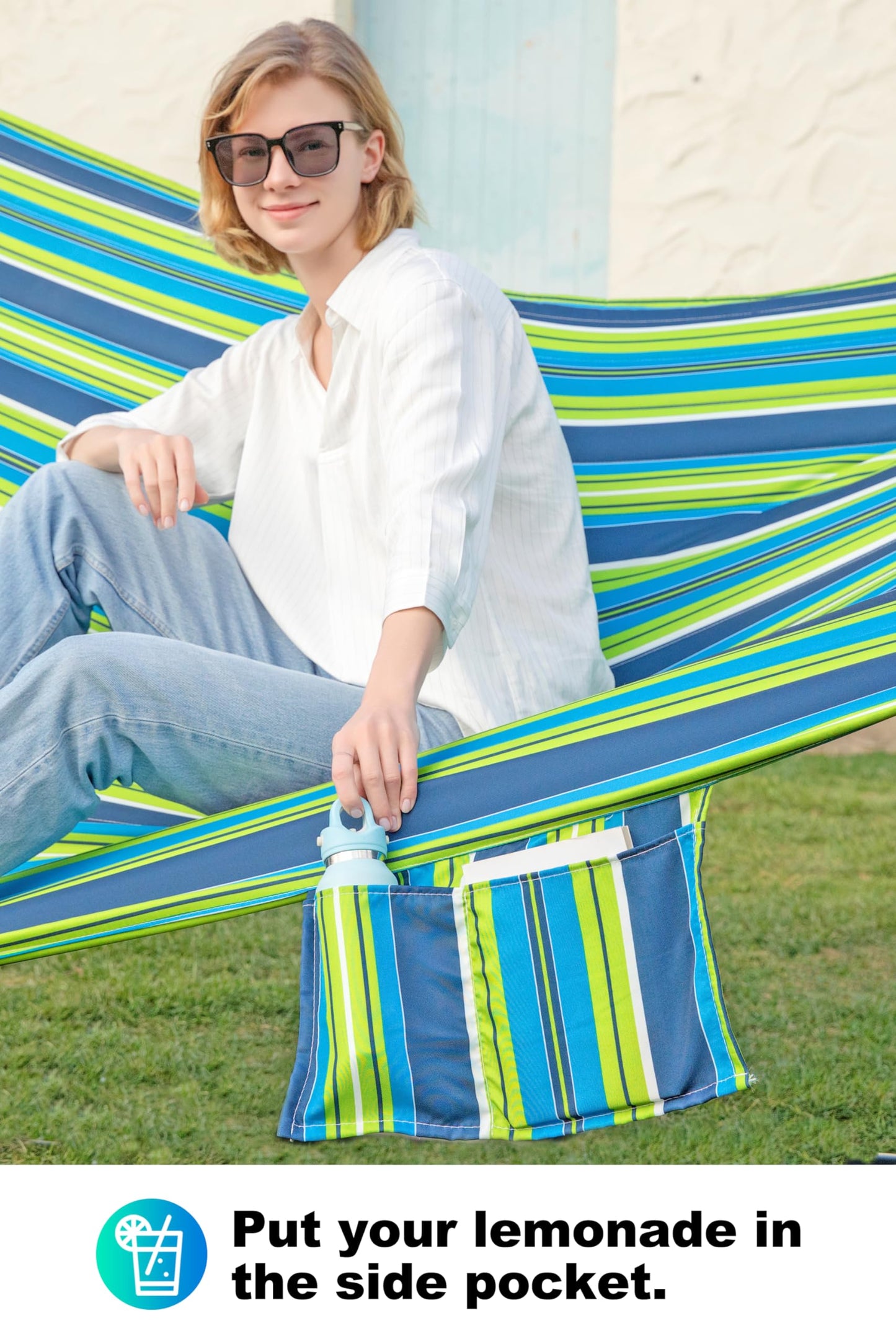 GAFETE Hammock 2 Person Quilted Fabric Hammocks for Outside, Double 12ft Hammocks with Spreader Bar, Large Removable Pillow, Storage Bag, Carabiners, Max 475 lbs Capacity (Garden)