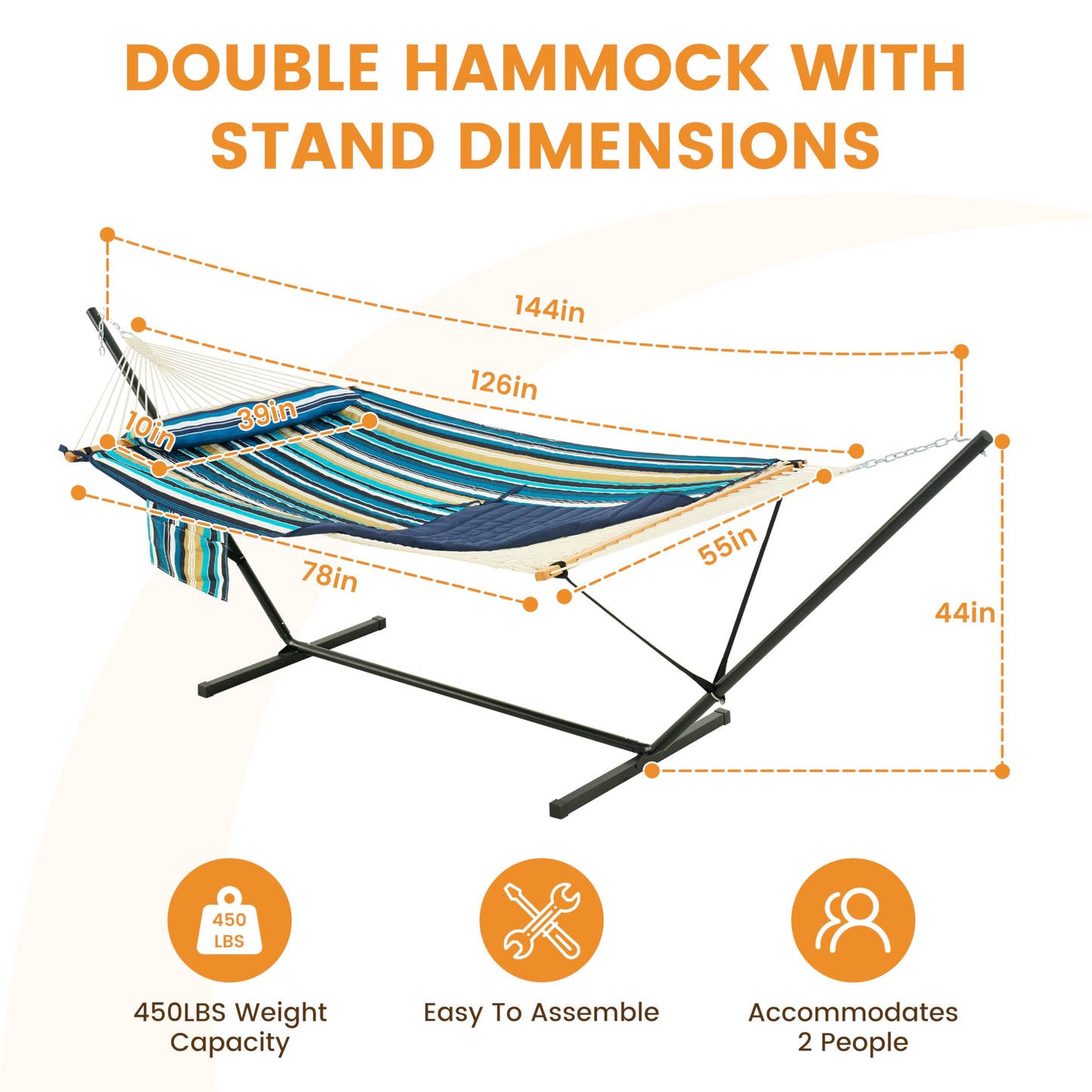 Lazy Daze Hammocks 2 Person Portable Hammock with 12FT Stand, Double Hand Woven Cotton Rope Hammock with Detachable Quilted Pad & Pillow for Outside, 450lb Capacity, Beach Stripes