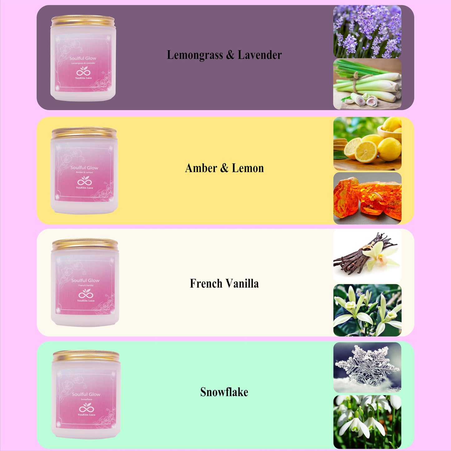 Scented Candles Set for Gifts, 4-Pack Soy Wax Jar Candles with Essential Oils, Long Burning Aromatherapy Candles for Women Mom, YuuKiin Luca Soulful Glow Gift Set for Birthday Mothers Day Housewarming