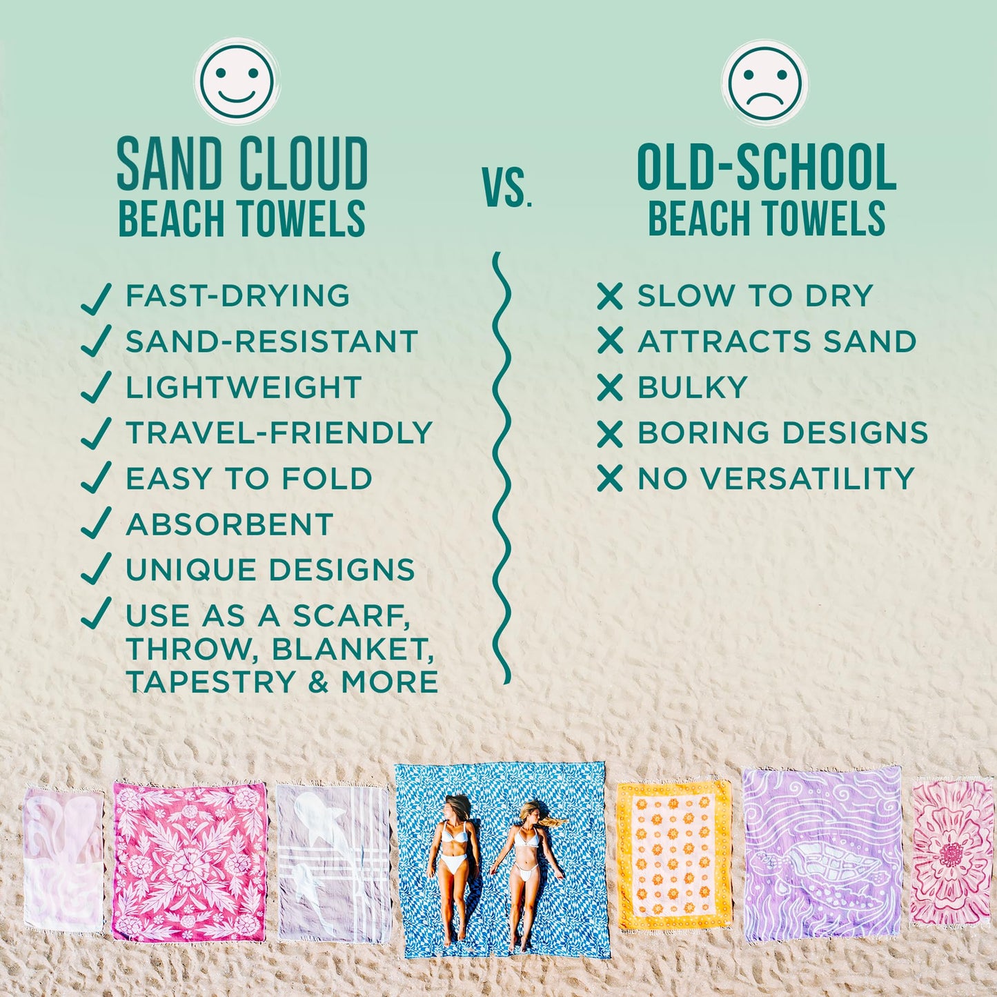Sand Cloud Turkish Beach Towel - 100% Organic Cotton Turkish Bath Towels - Ultra Soft, Sand Resistant & Quick Dry Towel for Beach or Pool - As Seen on Shark Tank - Cali Dobby (4 Pack Assorted)