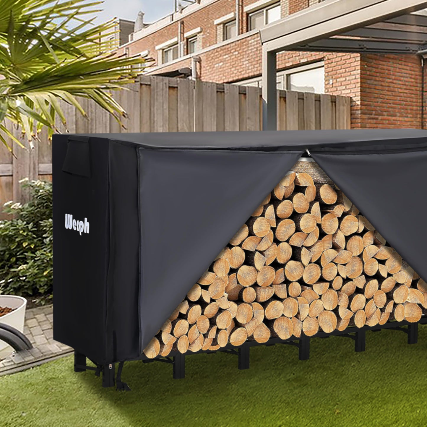 Werph 12FT Firewood Rack Outdoor,Heavy Duty Firewood Storage Rack,Outdoor Firewood Rack with Cover,Wood Rack Log Rack for Outdoor & Indoors, Black