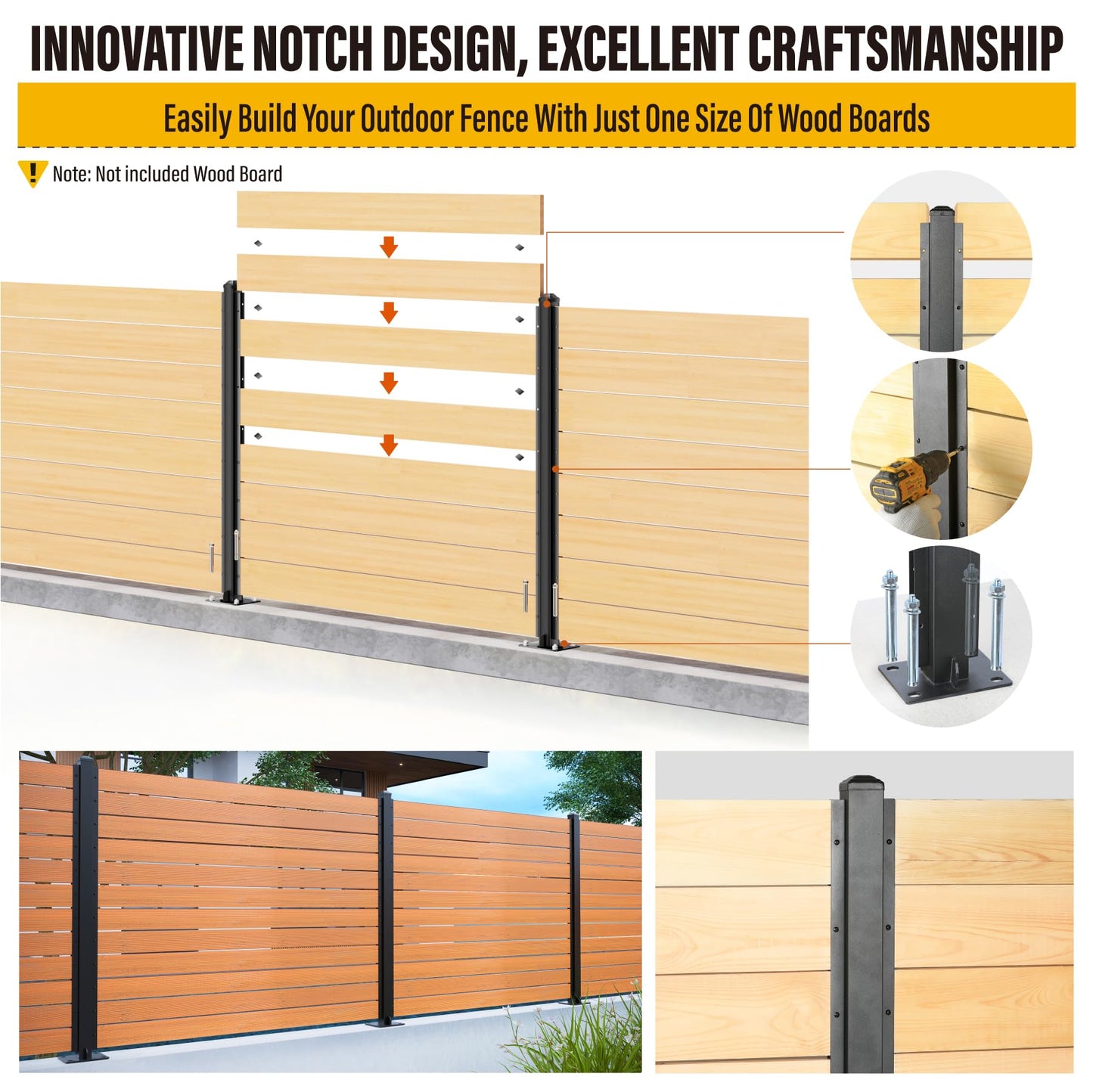 Wowace 4ft (H/48in) Heavy Duty Fence Post - Serial Post for Outdoor Patio, Backyard and Garden Privacy Fence (2pack-Matte Black)