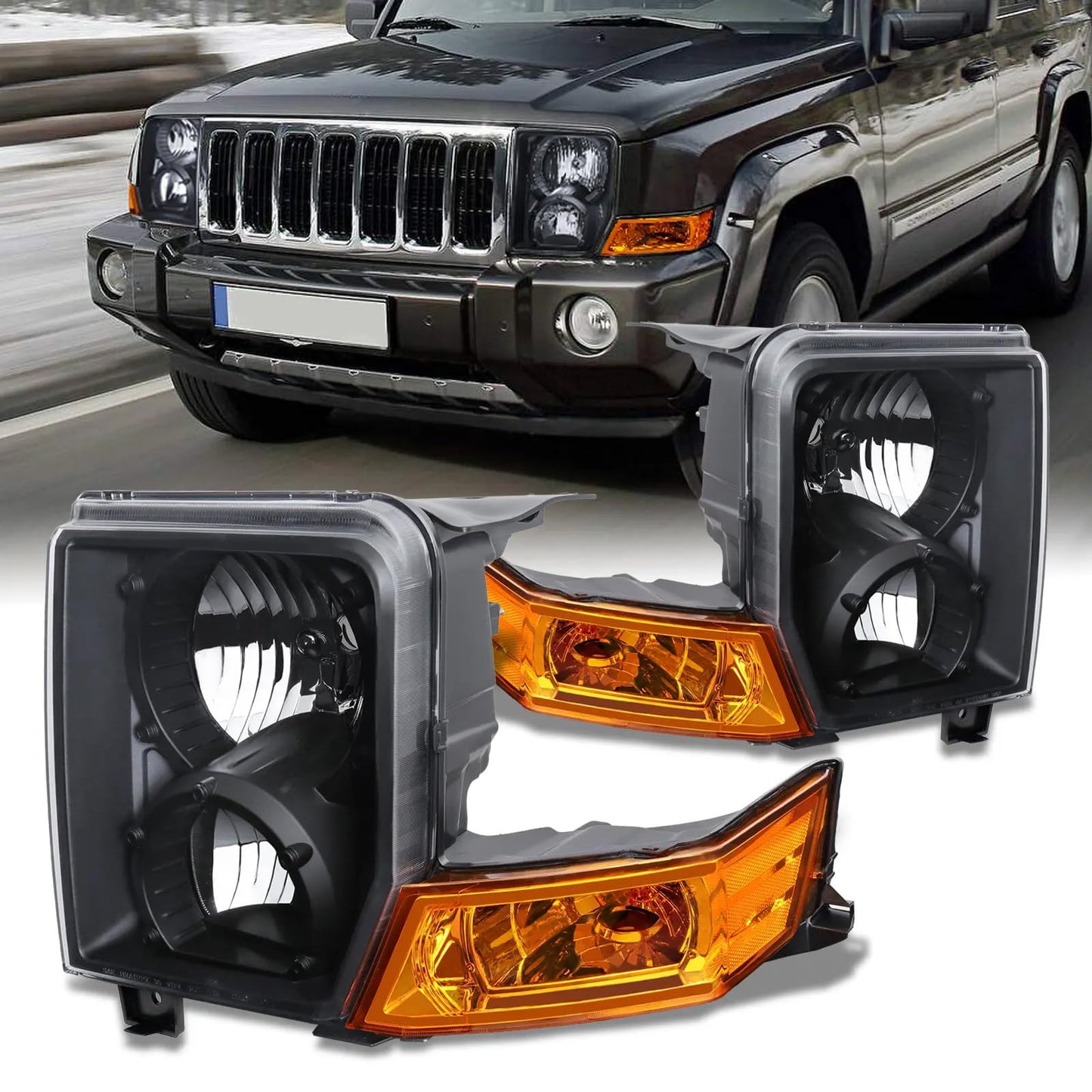 MOSTPLUS Pair Headlight Assembly Compatible with 2006-2010 Jeep Commander Headlights Headlamp with Black housing Clear lens Amber Corner