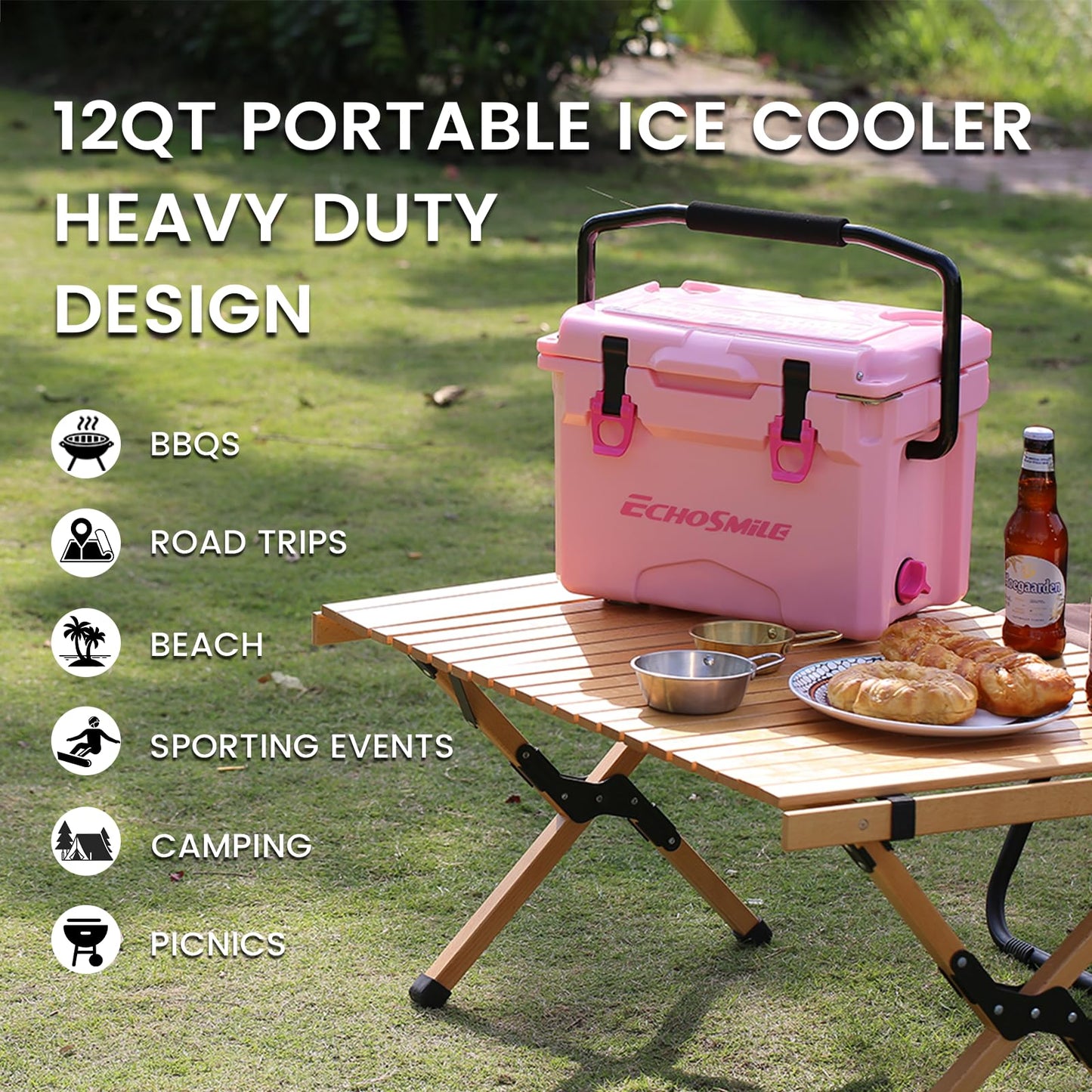 EchoSmile 12 Quart Rotomolded Cooler, Portable Hard Ice Chest, Suit for BBQ, Camping, Pincnic