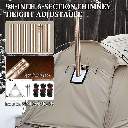 CAMPJOURNEY M6 Gold Wood Stove with Oven & IGT Table, Gold Finish, 2100 cu in Firebox, Portable Hot Tent Stove for Camping, 98" Chimney, Luxury Outdoor Heating for Winter Tent, Ice Fishing, Hunting