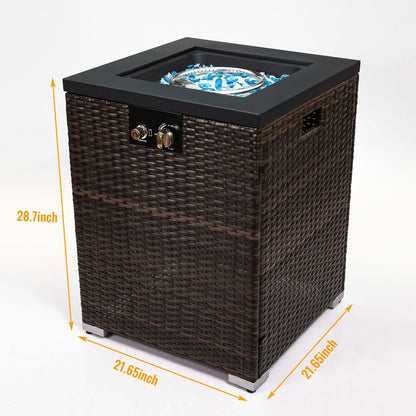 GDFStudio 22" Outdoor Propane Gas Fire Pit Table, 40,000 BTU Square Patio Heater with Wicker Base, Glass Wind Guard & Rain Cover, Small Outdoor Firepit for Garden Deck Backyard, Dark Brown