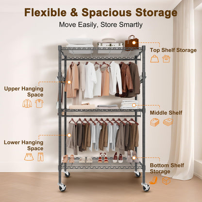 Whitmor 3 Tier Rolling Garment Rack, Heavy Duty Adjustable Metal Clothing Rack with Side Hooks, Double Rods & 360° Lockable Wheels, Max 600LBS for Hanging Clothes, 43" L x 18" W x 80" H, Black