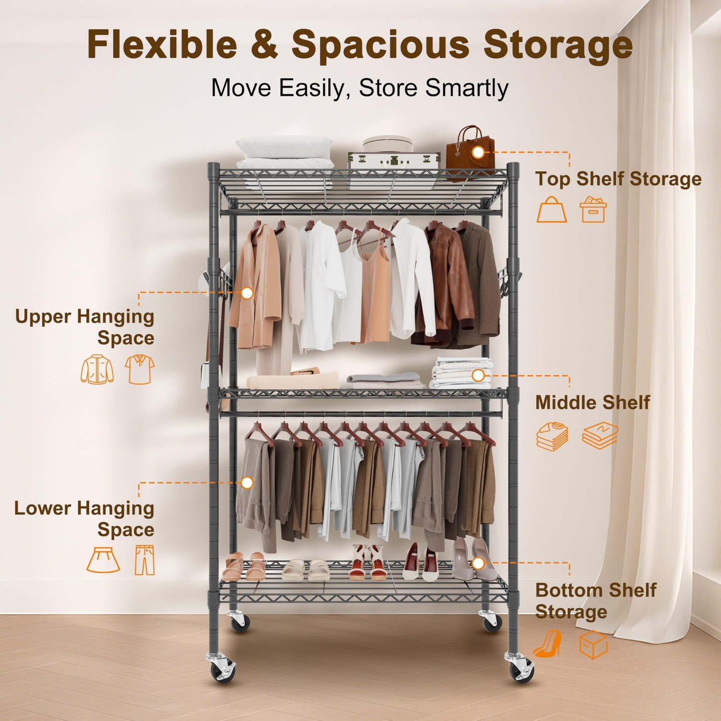 Whitmor 3 Tier Rolling Garment Rack, Heavy Duty Adjustable Metal Clothing Rack with Side Hooks, Double Rods & 360° Lockable Wheels, Max 600LBS for Hanging Clothes, 43" L x 18" W x 80" H, Black