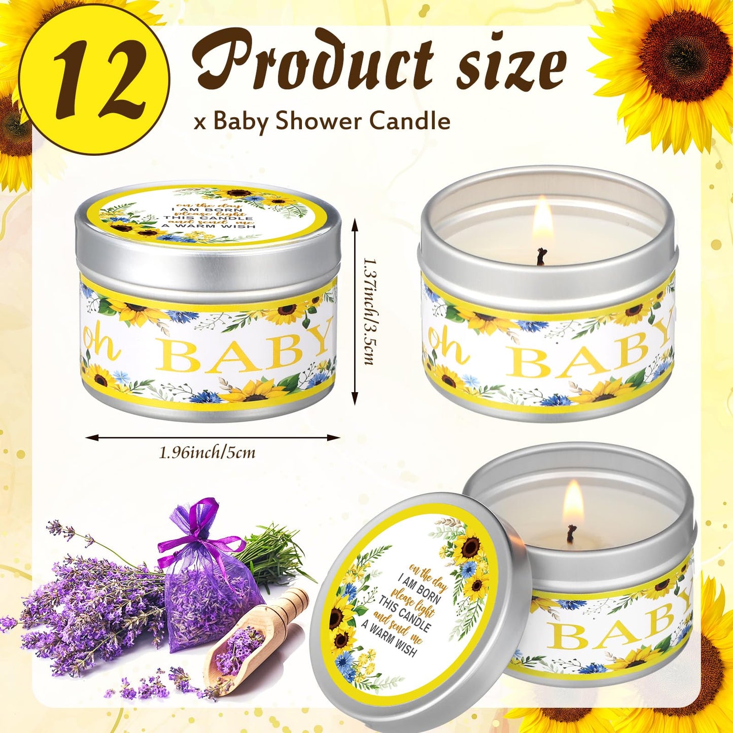 Funtery 12 Pcs Baby Shower Party Favors for Guests Baby Shower Candles Lavender Scented Candle Rustic Tealights Candles Gender Reveal Return Gifts(Sunflower)