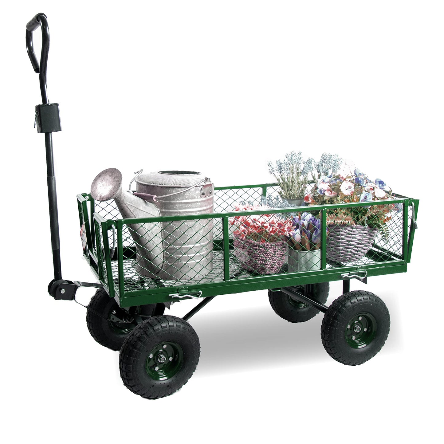 Backyard Expressions Heavy Duty 600 Lbs Capacity Mesh Steel Garden Cart Folding Utility Wagon with Removable Sides and (4) 10 Inch Wheels (Green)