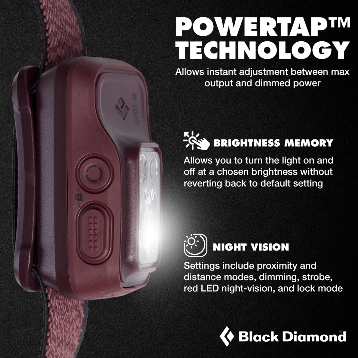 BLACK DIAMOND Spot 400-R Rechargeable Headlamp | 400 Lumens, Dimmable | Micro-USB Charging | Waterproof & Compact | Camping, Hiking, Running | Bordeaux