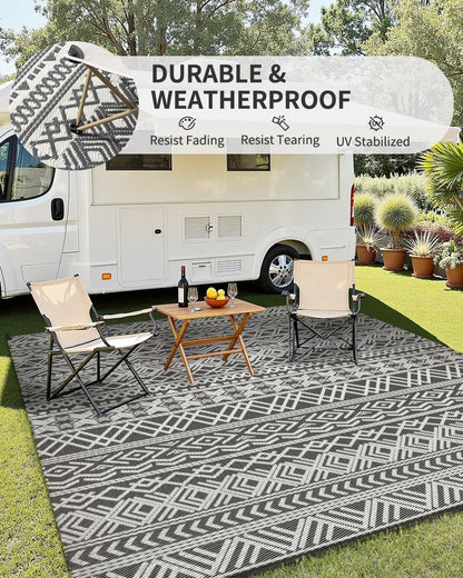 MontVoo Outdoor Rug Carpet Waterproof 10x14 Outdoor Patio Rug Mat Reverisble Plastic Straw Outdoor Rugs for RV Camping Picnic Beach Balcony Boho Grey Large
