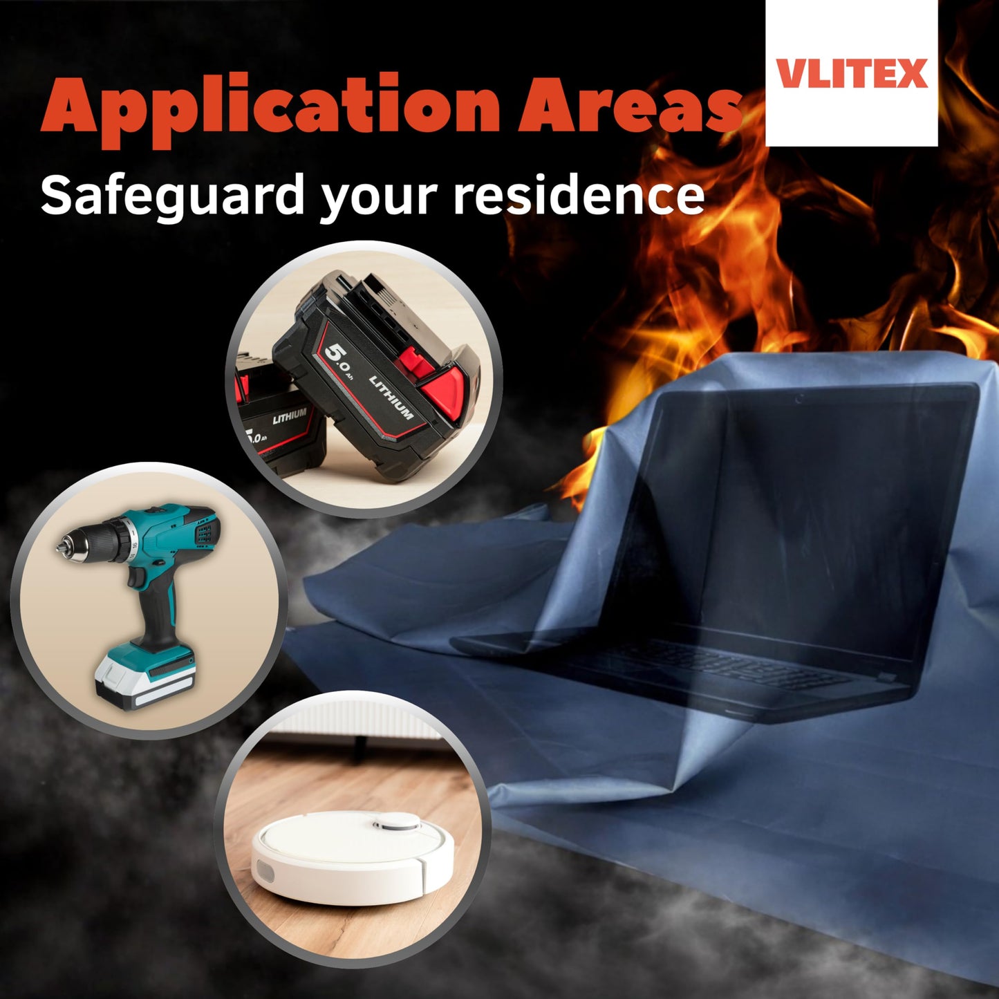 VLITEX Fire Blanket (59 x 59 in) | Engineered in Germany | Emergency & Lithium Battery Fire Suppression Blanket | Certified Fireproof Silicone & E-Fiberglass