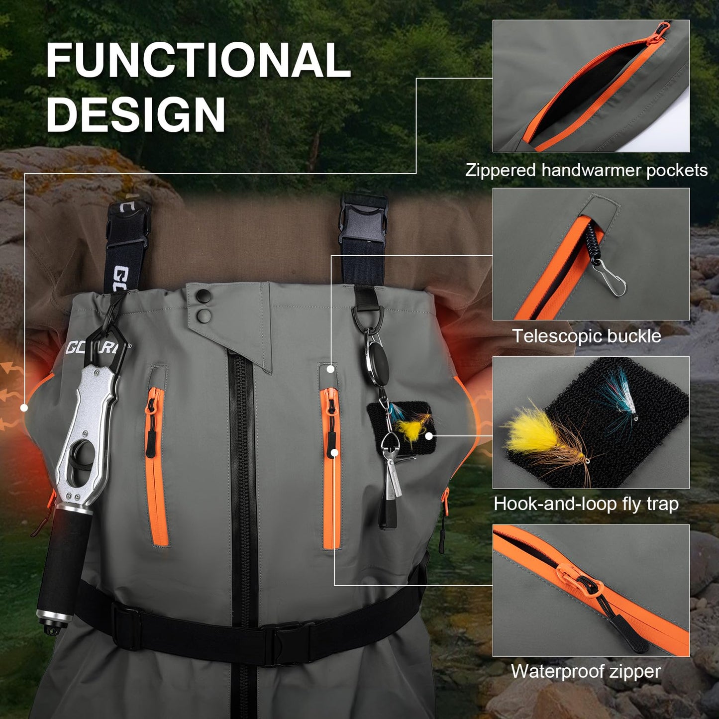 Goture 5-Layer Waterproof Zip Front Stocking Foot Waders, Breathable Fly Fishing Waders for Men Women with Handwarmer, Multiple Storage Pockets, Waist Belt, Fishing Chest Wader for Fishing XL
