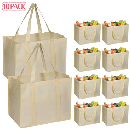 DIOMMELL 10 Pack Reusable Grocery Bags Extra Large Super Strong Heavy Duty Shopping Tote Bags with Reinforced Handles, Beige