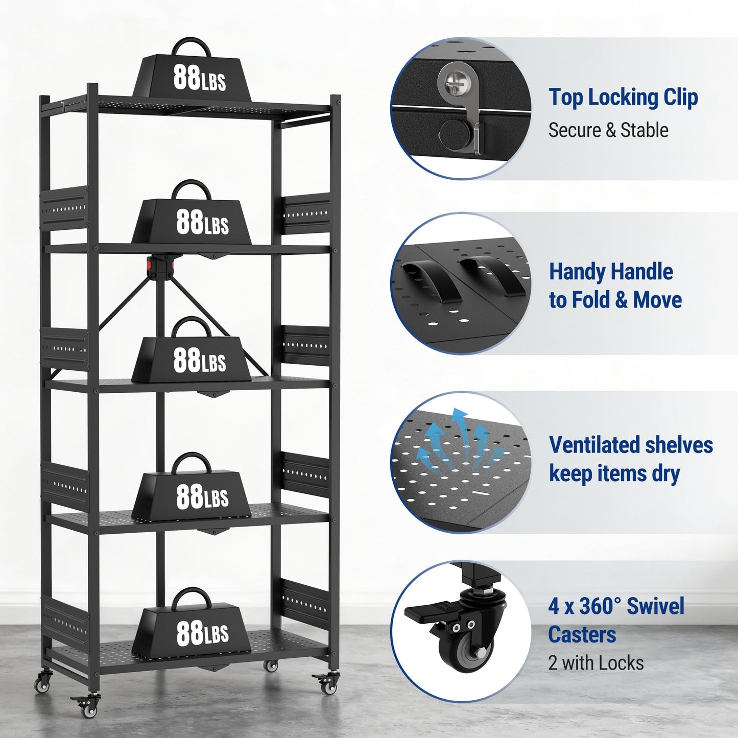 WORKPRO 5-Tier Folding Shelf, No-Assembly Metal Storage Rack with Wheels, 750 lbs Capacity (with Leveling Feet), Collapsible Shelving Unit for Kitchen, Pantry, Bathroom & Closet Organization