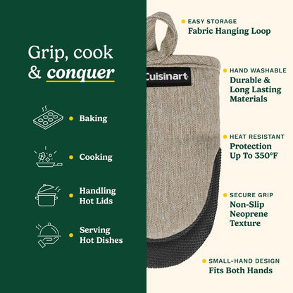 Cuisinart Mini Oven Mitts – 5.5” x 7” Heat-Resistant Kitchen Mitts for Oven with Non-Slip Neoprene Palm, Cotton Filling, and Fabric Loop – Durable Oven Mitt Set for Cooking & Baking (Chambray)