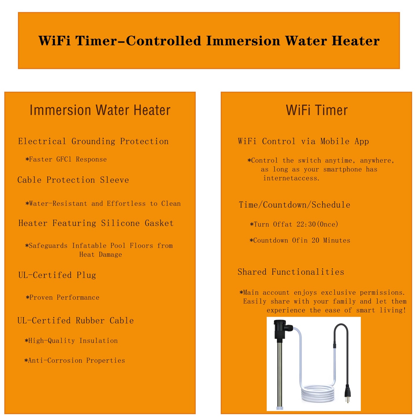 LASTINGCAPE 1800W Fully Submersible Pool & Hot Tub Portable Electric Immersion Water Heater with Auto Shut Off, WiFi Timer for Swimming Pool, Above Ground Pool, Spa, Bathtub and Baptismal Pool