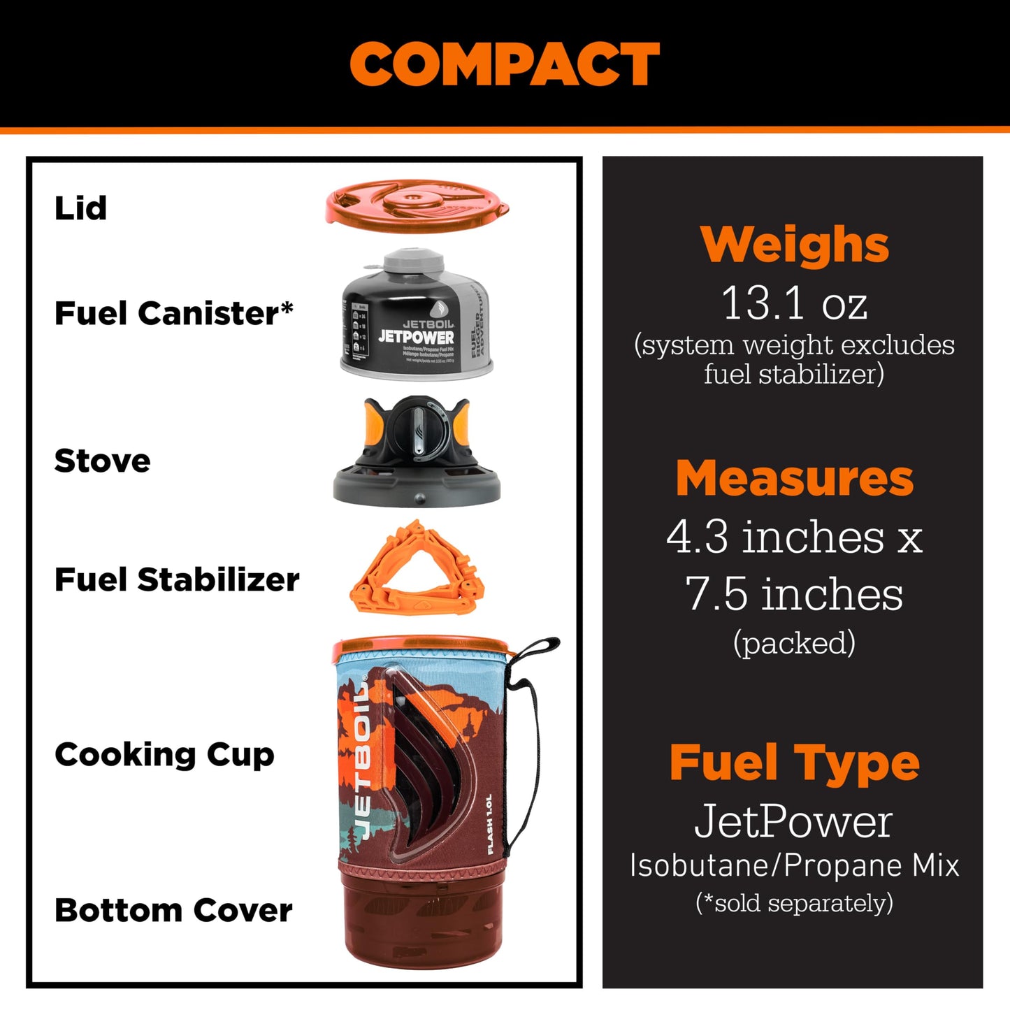 Jetboil Flash 1.0L Portable Fast Boil Stove for Camping and Backpacking with 1-Step Auto Ignition, Propane/Isobutane Burner with Cooking Cup, Mountainscape