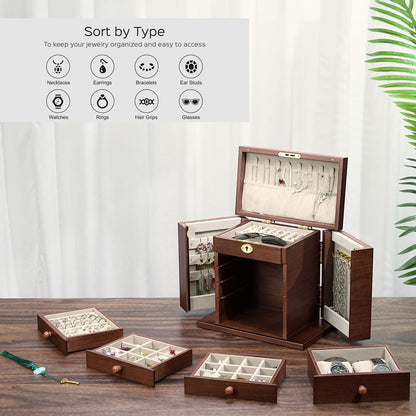 Artisticbox Lockable Wooden Jewelry Box for Women - 8-Layer Dresser Top Jewelry Boxes and Organizer with Key,Large Storage for Necklaces,Solid Wood Jewelry Organizers with Necklace Hooks