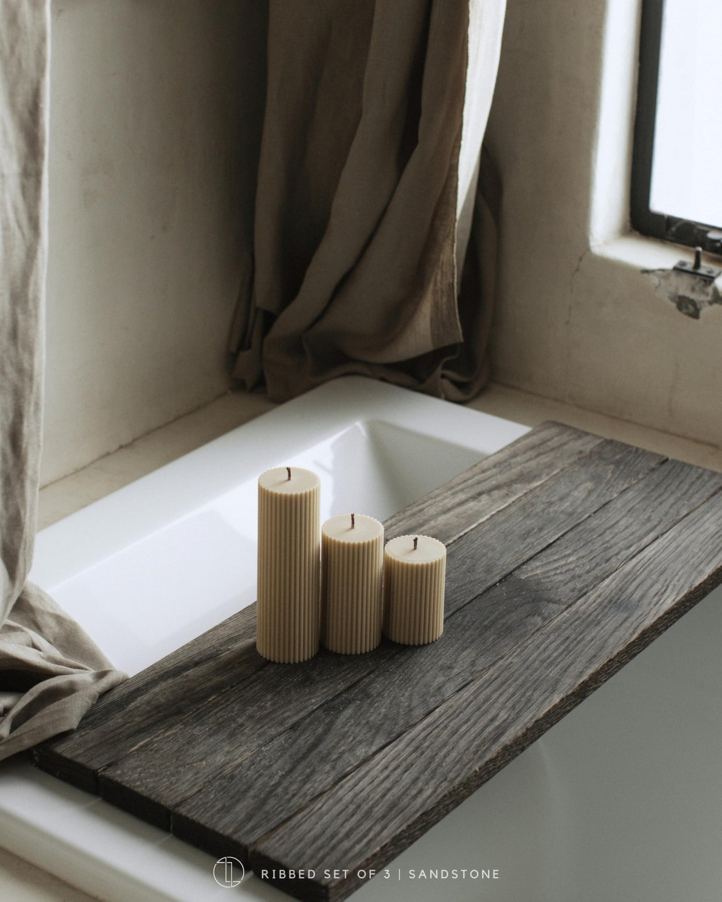 LAWA Roman Handmade Tall Ribbed Pillar Candle - Beautiful Scented Soy Wax Dinner Candle | Classic Aesthetic Decoration Set | Housewarming Gift | Home Room Shelf Decor Idea - Sandstone (Set of 3)