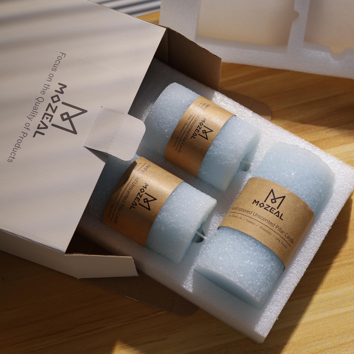 MOZEAL Hand-Poured Granular Texture Decorative Baby Blue Pillar Candles Set of 3 (3"x4", 5", 6"),Approx 300 Hours Burn Time Dripless, Unscented, Smokeless, Spring Party Decor Candle Lover Gift
