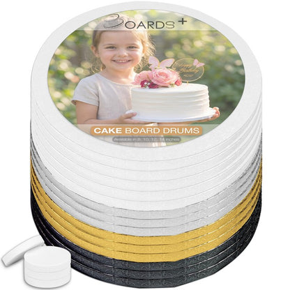 Sleek Cake Drums 8 inch in White, Silver, Gold, Black Color (14 Pack) | 1/2" Thick CakeBoard Circle Rounds + Free Prop Up Tools | Sturdy for Heavy/Tiered Cakes