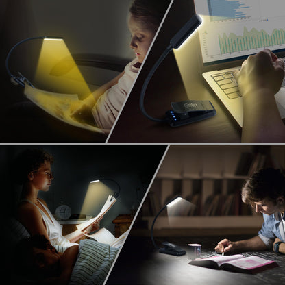 Gritin 9 LED Rechargeable Book Light for Reading in Bed - Eye Caring 3 Color Temperatures,Stepless Dimming Brightness,80 Hrs Runtime Small Lightweight Clip On Book Reading Light for Studying
