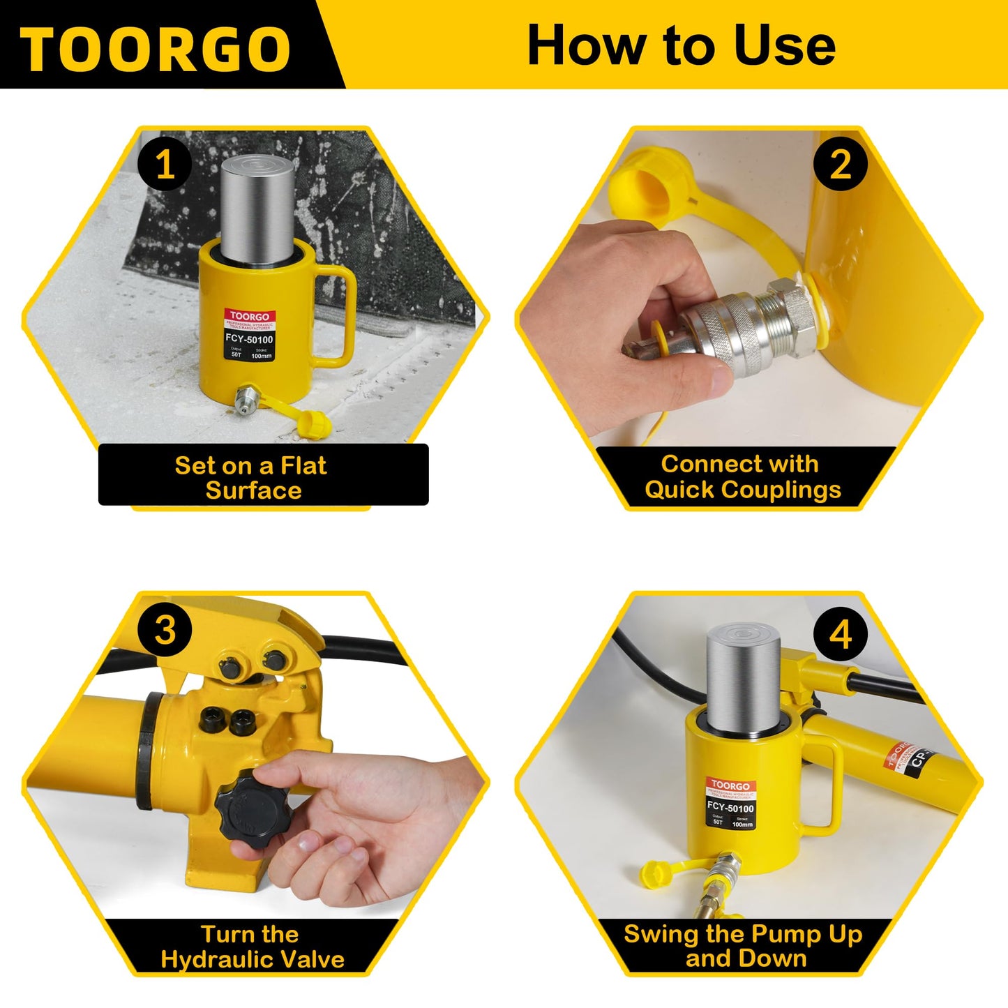 TOORGO 50T 4Inch Stroke Porta Power Single Acting Lifting Cylinder for Shipbuilding, Machinery and Industry,Automatically Retract Split Hydraulic Cylinders Jacks, Yellow