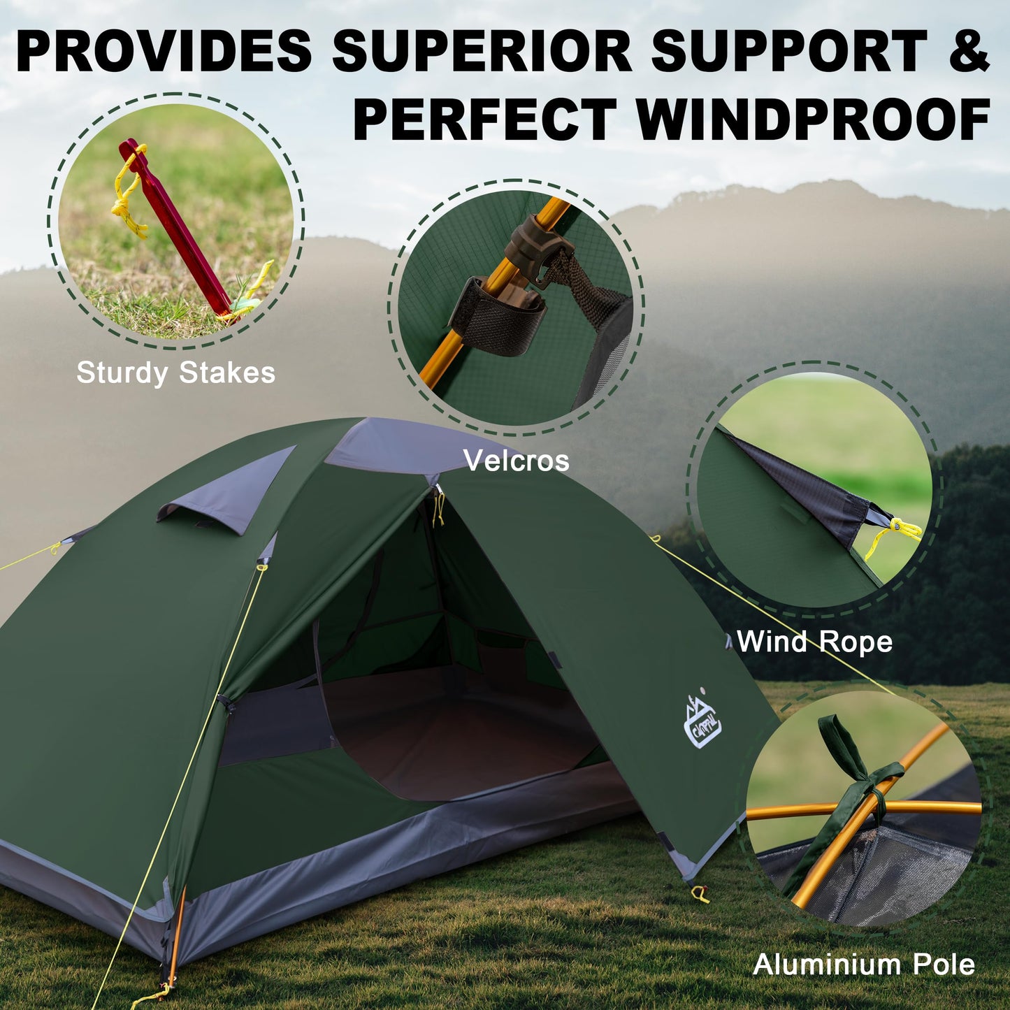 2 Person Backpacking Tent, Waterproof Windproof Two Person Tent, Lightweight Easy Setup 2 Man Tent for Camping, Hiking, Biking, Cycling, Motorbiking, Mountaineering - Green