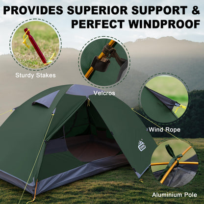 2 Person Backpacking Tent, Waterproof Windproof Two Person Tent, Lightweight Easy Setup 2 Man Tent for Camping, Hiking, Biking, Cycling, Motorbiking, Mountaineering - Green
