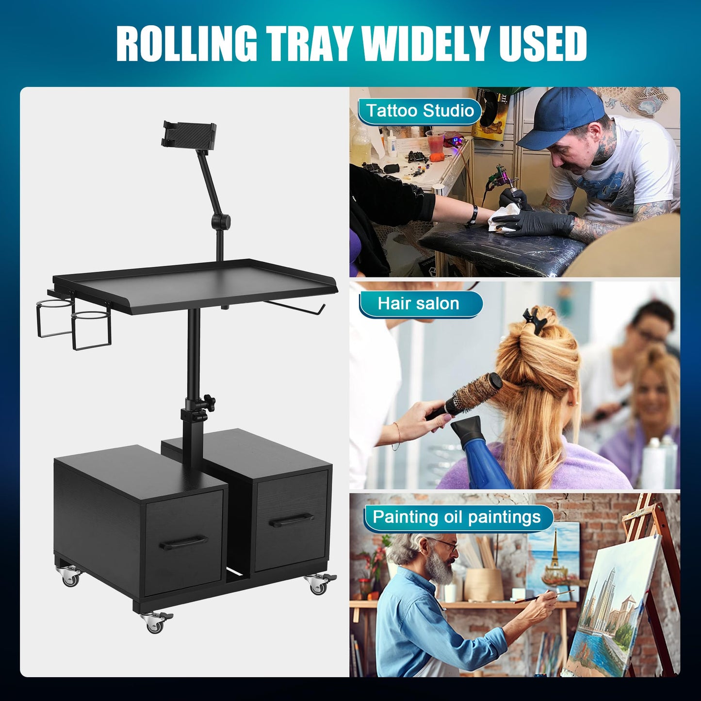 POARMEEY Tattoo Workstation Salon Trolley Cart and Storage Drawers with Wheels,Tattoo Tray Adjustable Height Storage Rolling Tray