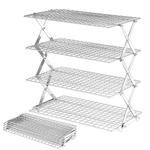 BEWOS 4 Tier Collapsible Cooling Rack - Adjustable Stainless Steel Baking Rack with Leak-Proof Mesh, X-Shaped Structure Cooling Rack for Cooking and Baking, Dishwasher Safe