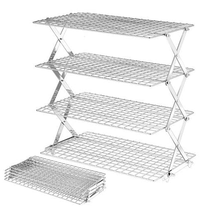 BEWOS 4 Tier Collapsible Cooling Rack - Adjustable Stainless Steel Baking Rack with Leak-Proof Mesh, X-Shaped Structure Cooling Rack for Cooking and Baking, Dishwasher Safe