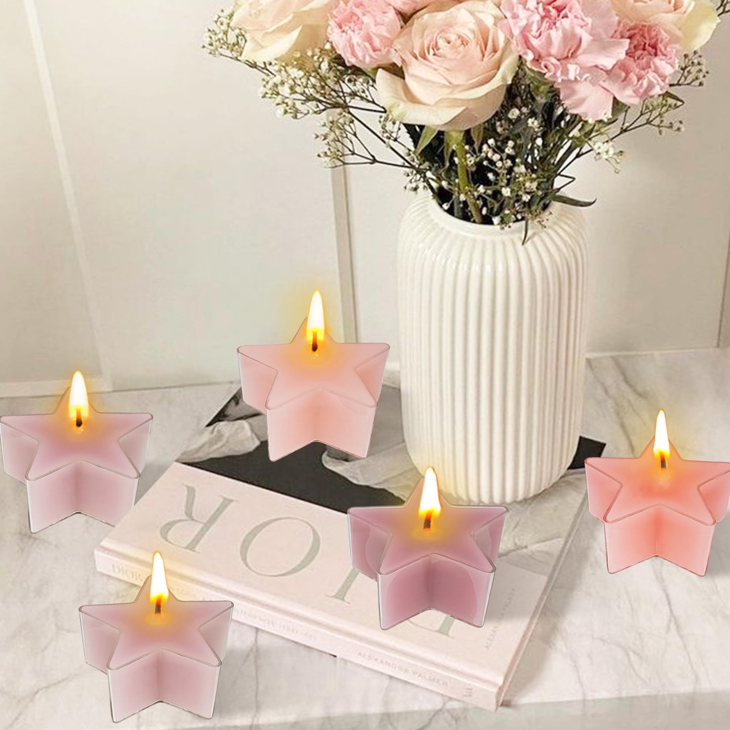 Tea Lights Gradation Pink Star Tea Candles Set of 12 – Tealight Candles with Rose Scent, Long Burning Handmade Tealights for Wedding Meditation Home Decor Gift