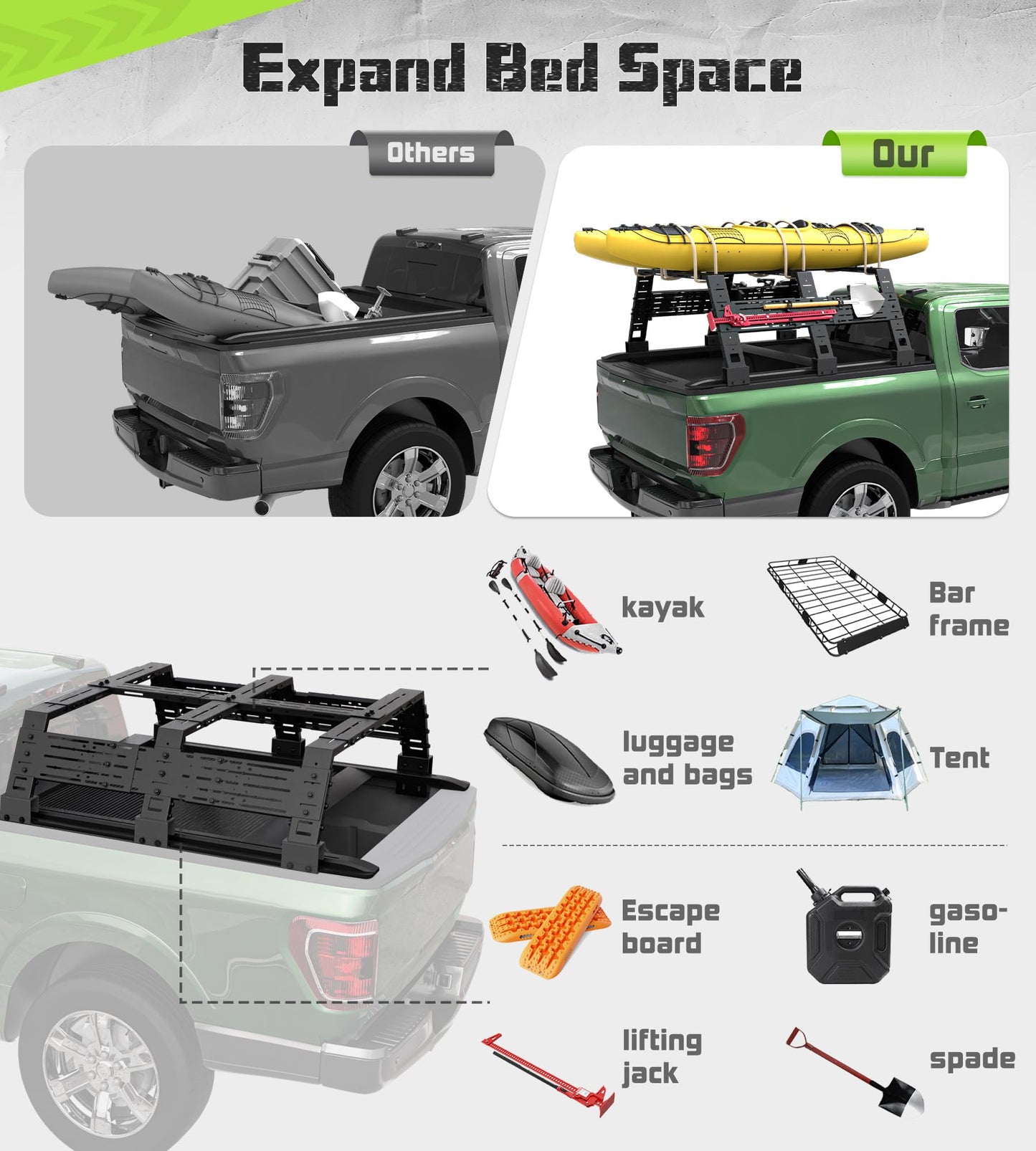 StarONE Truck Bed Rack Adjustable Height 16.7"/18.8"/23.3",Overland Bed Rack for Full-Size Trucks Without Bed Rails-Fit for Ford F-150,Dodge Ram 1500,Silverado 1500,Gmc Sierra 1500