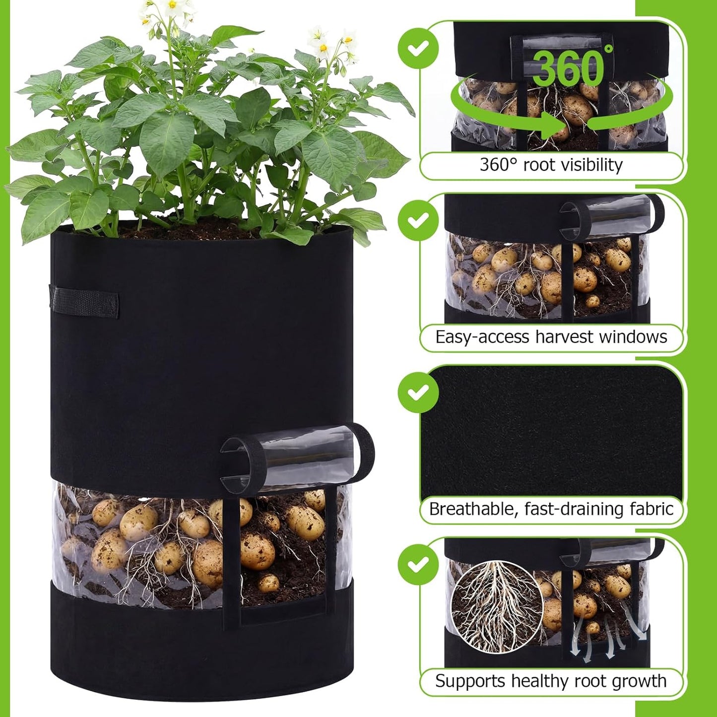 Baderke Potato Grow Bags - 2 Pack with Harvest Window & 360 Visibility | 30 Gallon, Black
