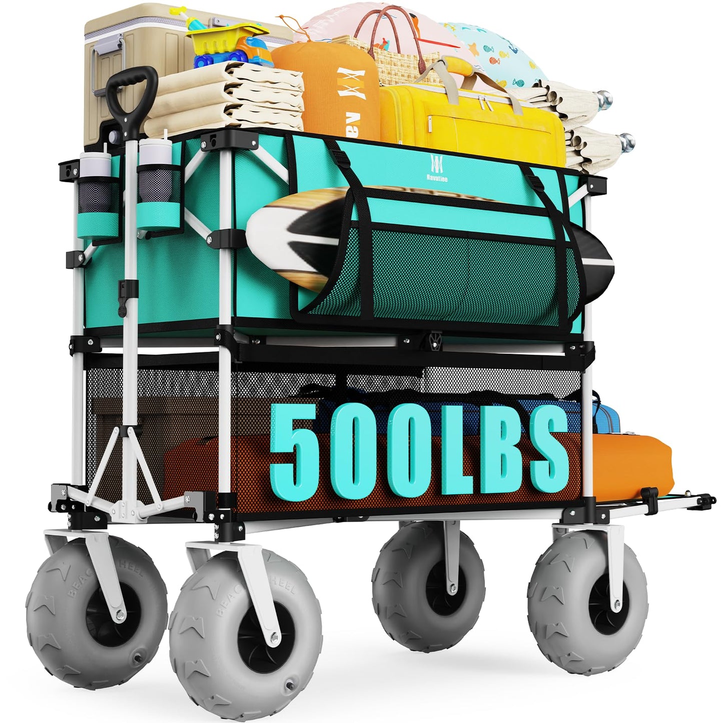 Navatiee 500Lbs Double Decker Wagon, 400L Large Capacity Heavy Duty Beach Cart with 9" Balloon Wheels for Sand, Folding Collapsible Wagon with Side Pocket for Beach, Sport, Camping, Light Blue
