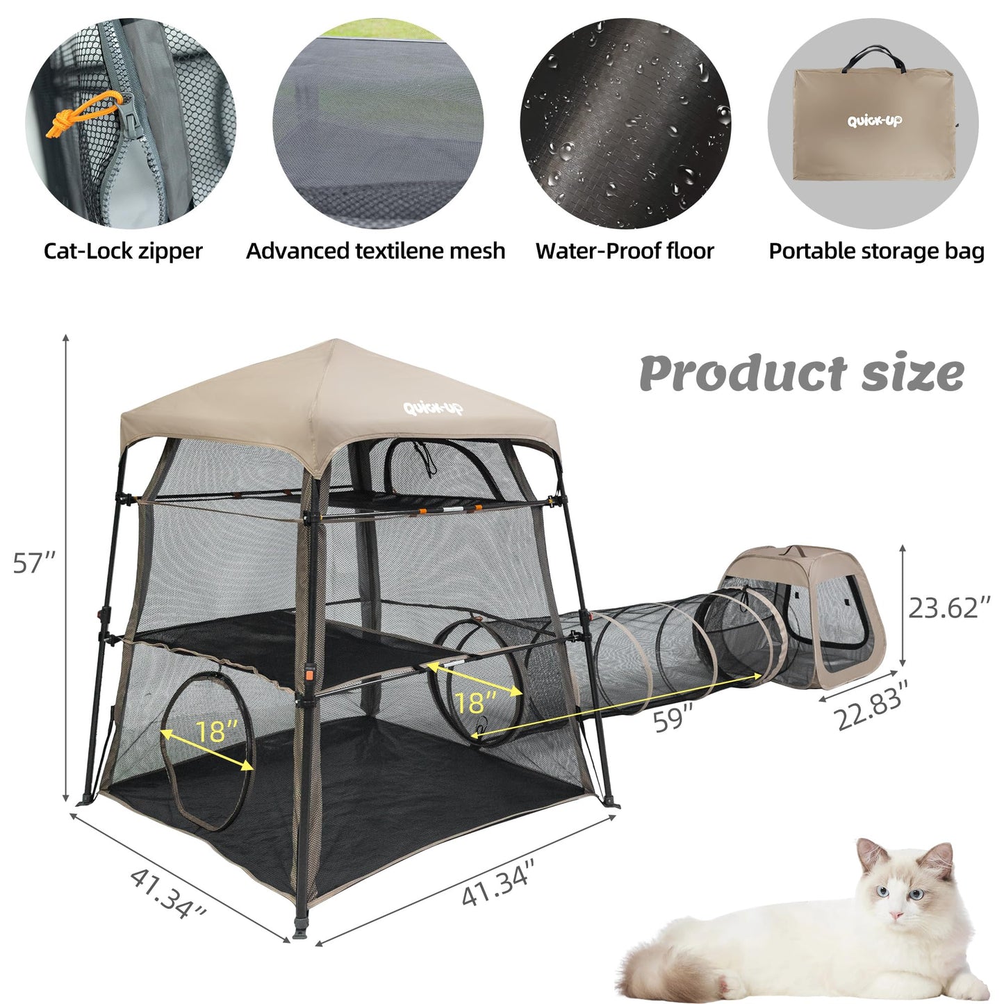 Catio Outdoor Cat Enclosure Combo for Indoor and Outdoor,3 Tier Cage Inside, Pop up Catio,Portable and Foldable(Includes one cat Tower Tent,one Tunnel and a cage) + cat Tunnel(2 Packs)