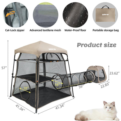 Catio Outdoor Cat Enclosure Combo for Indoor and Outdoor,3 Tier Cage Inside, Pop up Catio,Portable and Foldable(Includes one cat Tower Tent,one Tunnel and a cage) + cat Tunnel(2 Packs)
