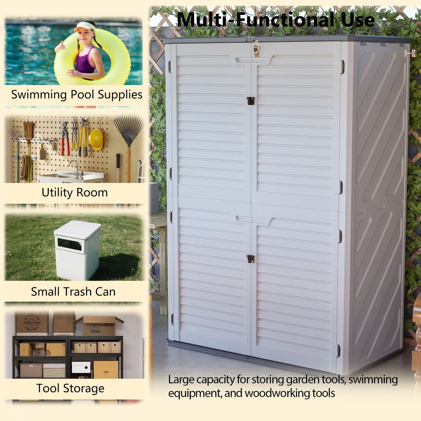 KEIKI Outdoor Storage Shed, Lockable Resin Storage Cabinet with Floor, Weather Resistant Tall Garden Shed for Tools, Patio Cushions, Lawn Equipment Backyard 61 cu. ft, White