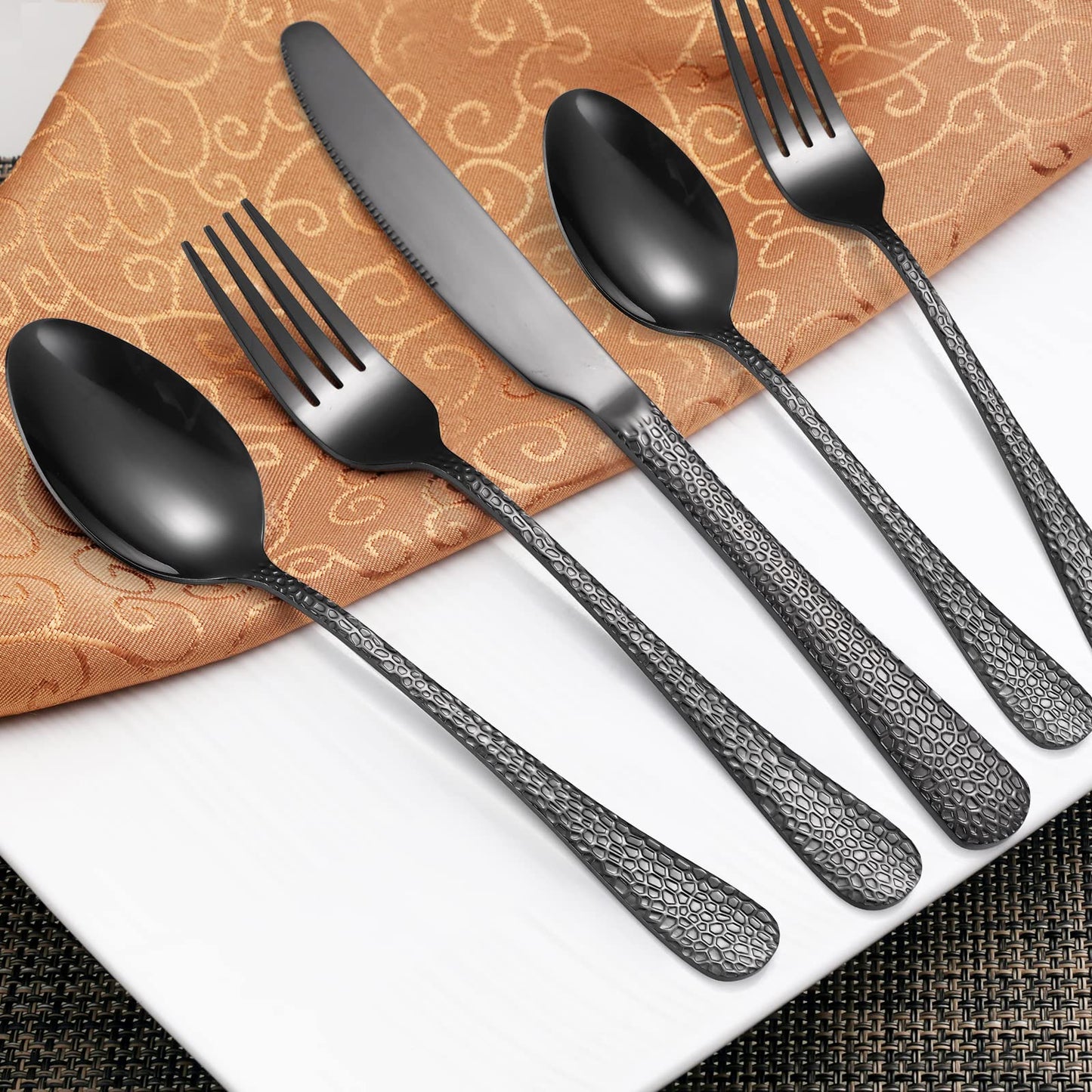 A · HOUSEWARE Black Hammered Silverware Set 8 Stainless Steel Flatware Vintage 40 piece include Knife Fork Spoon Proper Weight for Parties Restaurant Utensils and Kitchen Daily Use