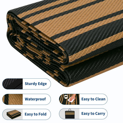 LUXLOOM Outdoor Plastic Straw Rug 9x18 Large Washable Floor Mat Modern Lines Waterproof Rug for Patio Reversible Rugs for Outdoors RV Beach Patio Camping Backyard Deck Picnic Outside Black Brown
