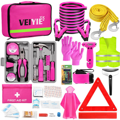 Roadside Emergency Car Kit for Vehicles, Pink Car First Aid Kit Emergency Kit with Jumper Cables, Car Safety Kits, Tow Strap, Tool Kit, Road Trip Assistance for Men, Women, New Driver Gifts