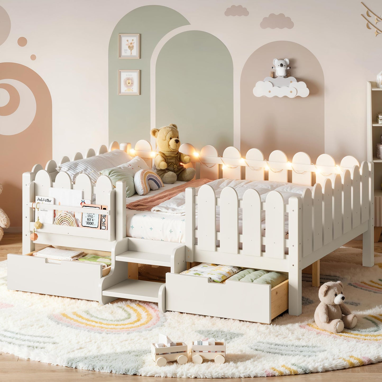 Bellemave Full Kids Montessori Bed with Stairs, Bookshelf and LED Lights, Solid Wood Kids Bed Frame with Storage Drawers for Boys Girls, Low Profile,Beige